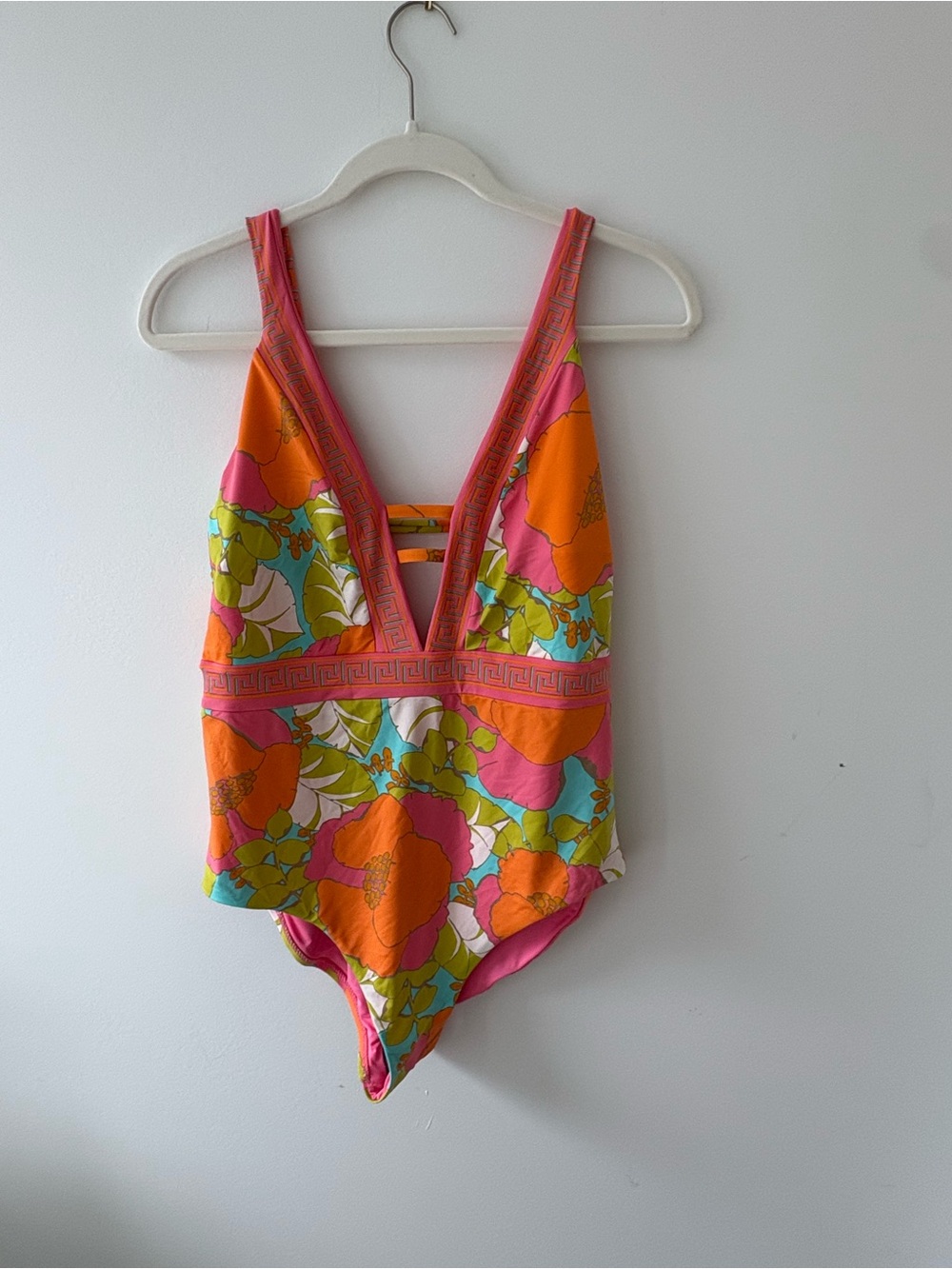 NWT Tina Turk Floral V‑Neck One‑Piece Swimsuit in Orange and Pink